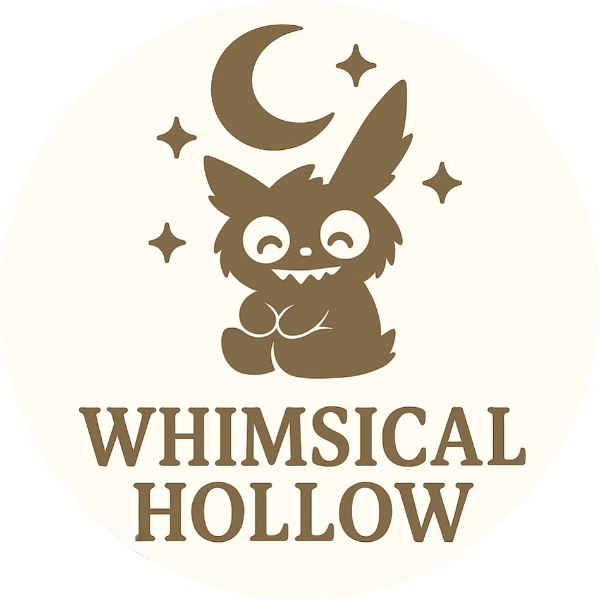 Illustration of a cute creature with 'Whimsical Hollow' text on a beige background