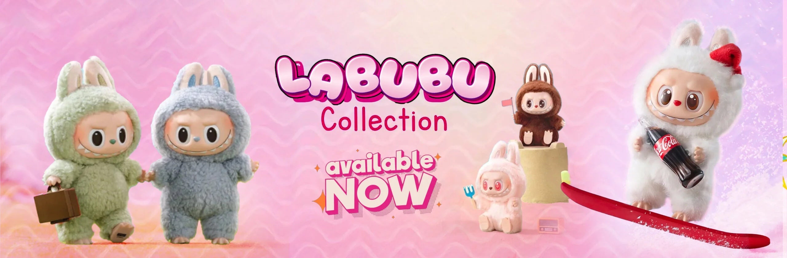 Promotional banner for the Labubu Collection with cartoon characters on a pink background.